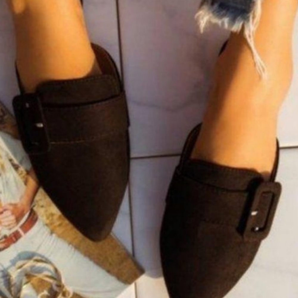 Faux Suede Buckle Mules